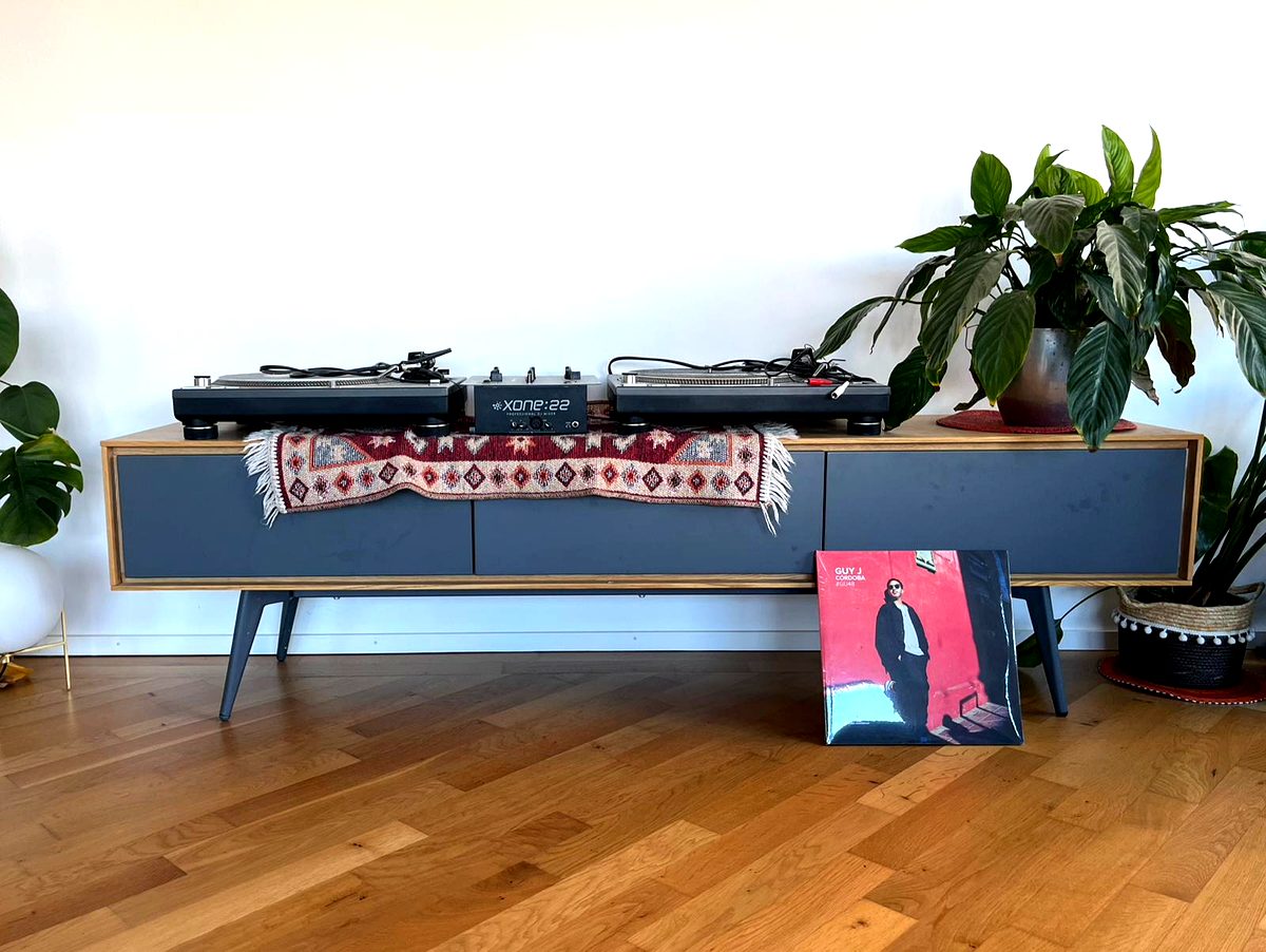 Mid-century TV credenza assembled with turntables on top